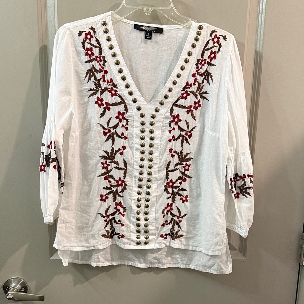 Embroidered White Blouse with Red Floral Accents